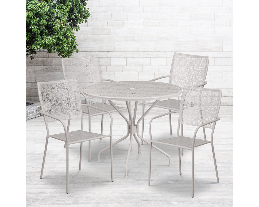 BLNK Oia Commercial Round Steel Indoor-Outdoor Patio Table Set with 4 Square Back Chairs - Light Gray