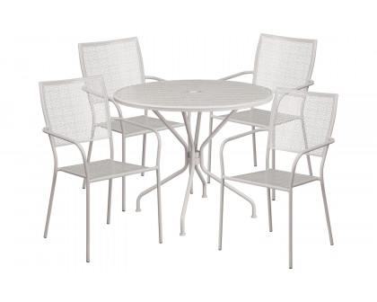 BLNK Oia Commercial Round Steel Indoor-Outdoor Patio Table Set with 4 Square Back Chairs - Light Gray