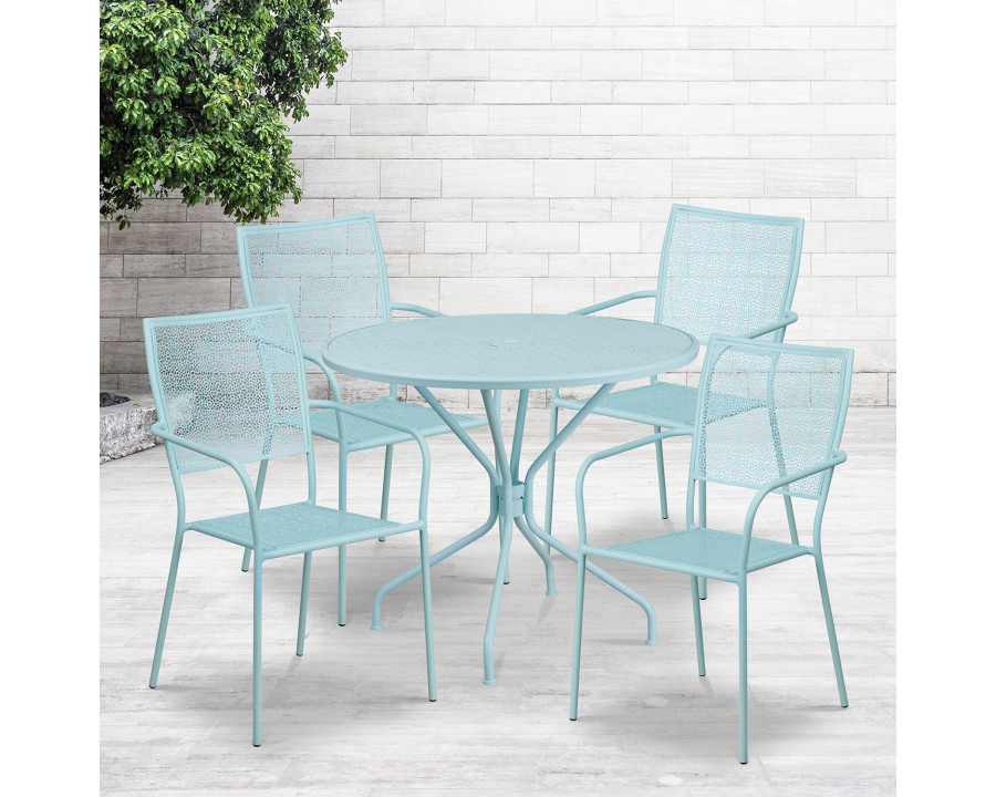 BLNK Oia Commercial Round Steel Indoor-Outdoor Patio Table Set with 4 Square Back Chairs