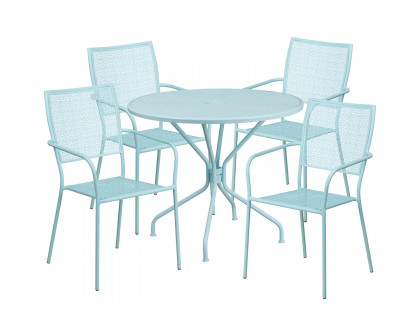 BLNK Oia Commercial Round Steel Indoor-Outdoor Patio Table Set with 4 Square Back Chairs