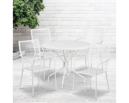 BLNK Oia Commercial Round Steel Indoor-Outdoor Patio Table Set with 4 Square Back Chairs