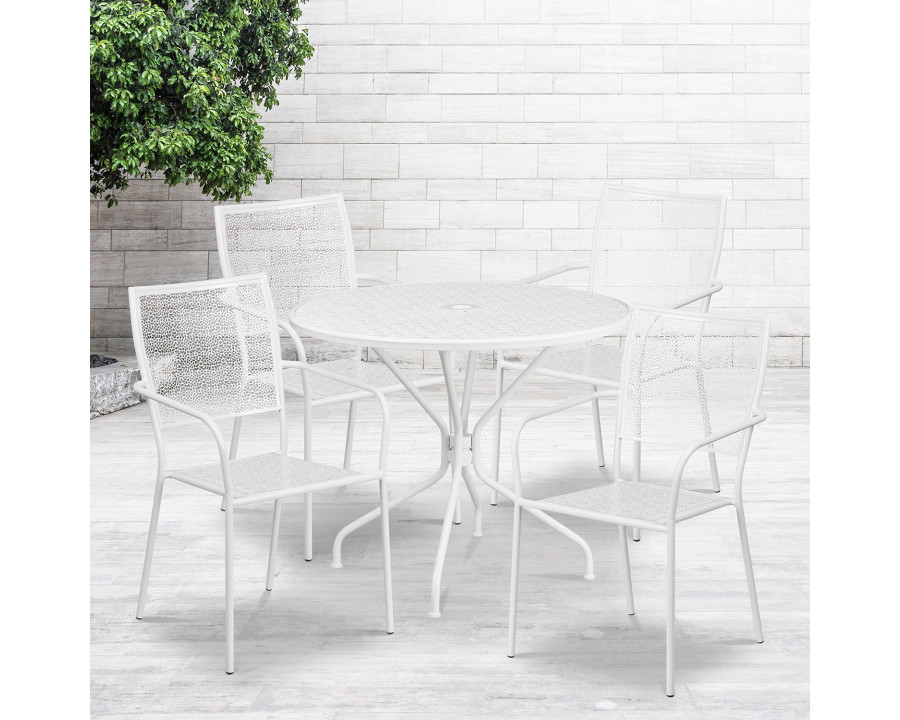 BLNK Oia Commercial Round Steel Indoor-Outdoor Patio Table Set with 4 Square Back Chairs - White