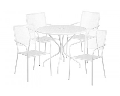 BLNK Oia Commercial Round Steel Indoor-Outdoor Patio Table Set with 4 Square Back Chairs - White