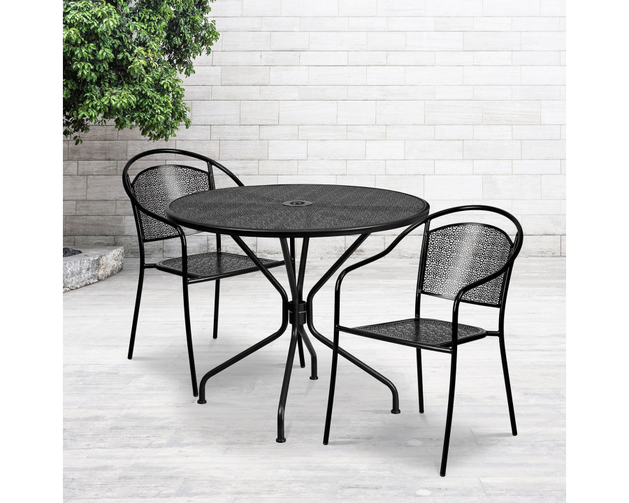 BLNK Oia Commercial Steel Indoor-Outdoor Patio Table Set with 2 Round Back Chairs - Black, 35.25"W