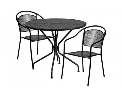 BLNK Oia Commercial Steel Indoor-Outdoor Patio Table Set with 2 Round Back Chairs - Black, 35.25"W