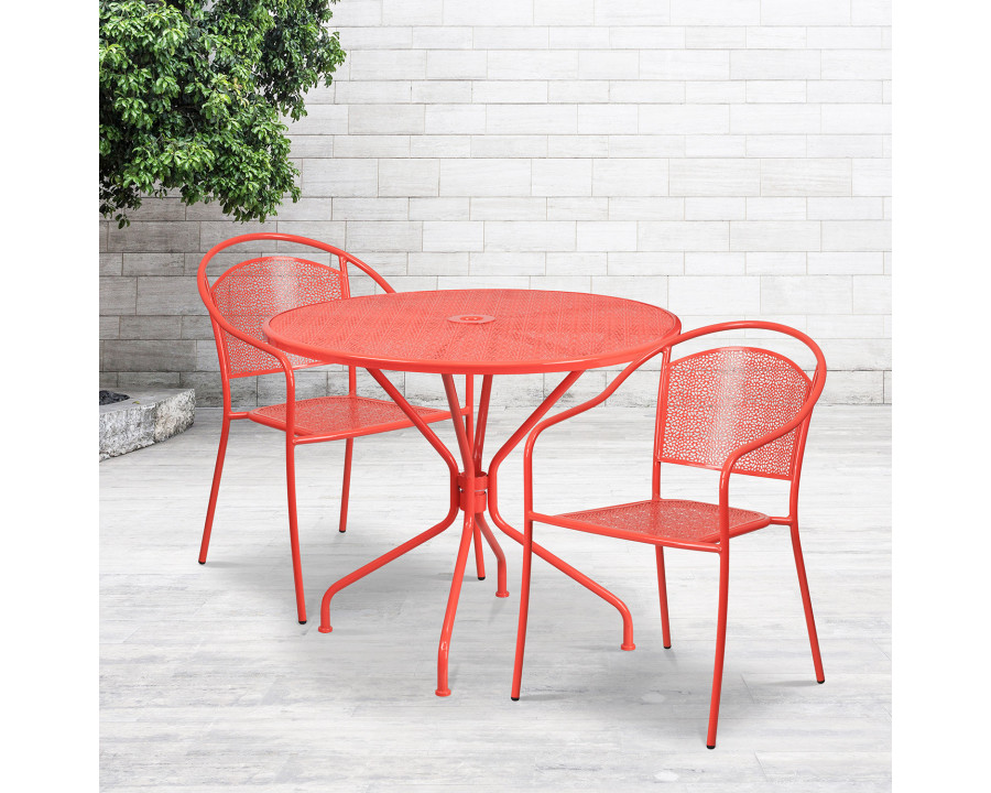 BLNK Oia Commercial Steel Indoor-Outdoor Patio Table Set with 2 Round Back Chairs - Coral, 35.25"W