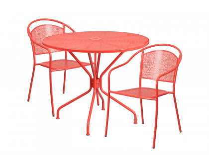 BLNK Oia Commercial Steel Indoor-Outdoor Patio Table Set with 2 Round Back Chairs - Coral, 35.25"W