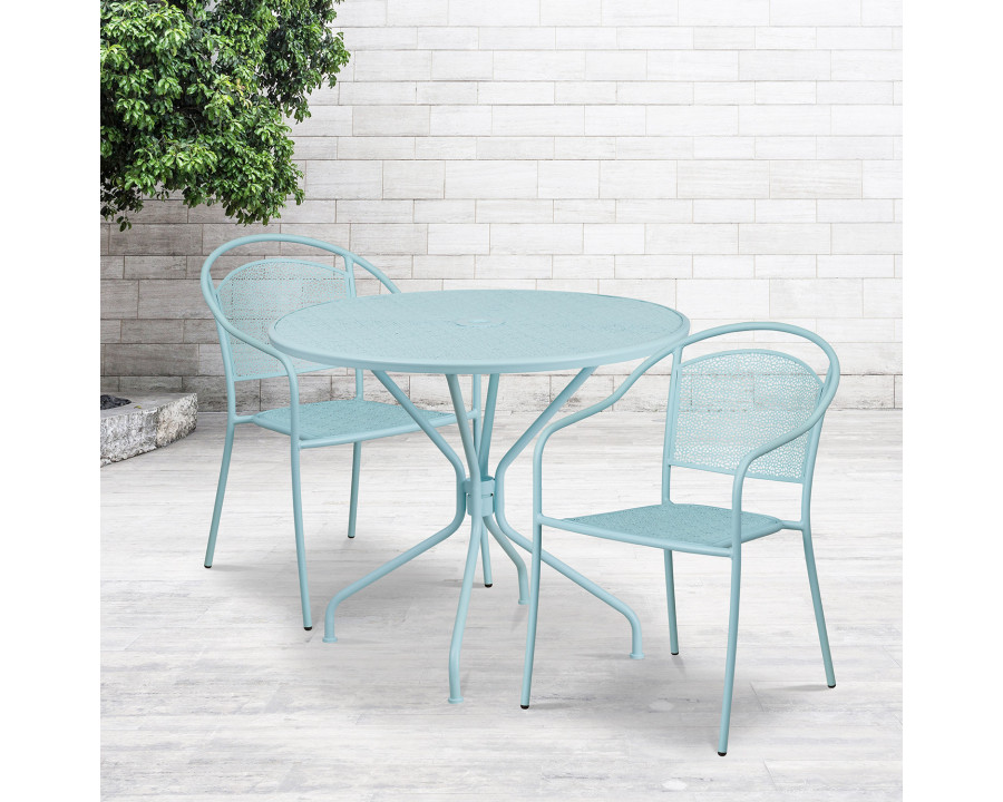 BLNK Oia Commercial Steel Indoor-Outdoor Patio Table Set with 2 Round Back Chairs - Sky Blue, 35.25"W