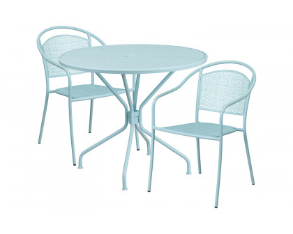 BLNK Oia Commercial Steel Indoor-Outdoor Patio Table Set with 2 Round Back Chairs - Sky Blue, 35.25"W