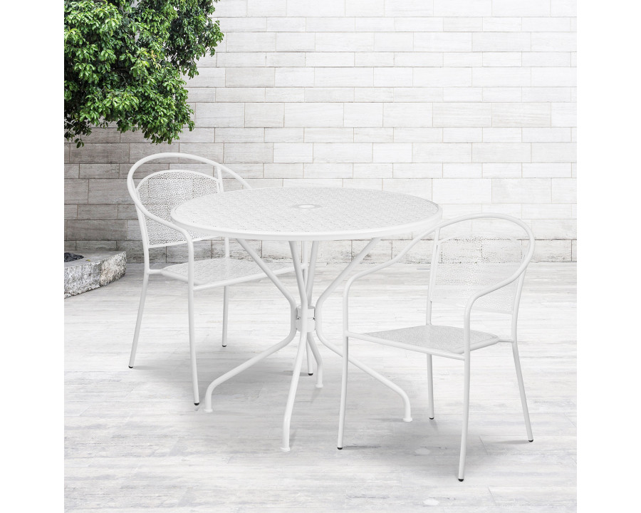 BLNK Oia Commercial Steel Indoor-Outdoor Patio Table Set with 2 Round Back Chairs - White, 35.25"W