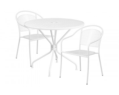 BLNK Oia Commercial Steel Indoor-Outdoor Patio Table Set with 2 Round Back Chairs - White, 35.25"W