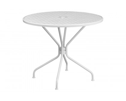 BLNK Oia Commercial Steel Indoor-Outdoor Patio Table Set with 2 Round Back Chairs - White, 35.25"W