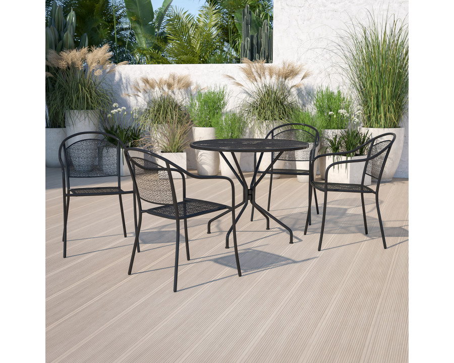 BLNK Oia Commercial Steel Indoor-Outdoor Patio Table Set with 4 Round Back Chairs - Black, 35.25"W