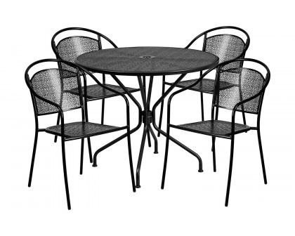 BLNK Oia Commercial Steel Indoor-Outdoor Patio Table Set with 4 Round Back Chairs - Black, 35.25"W