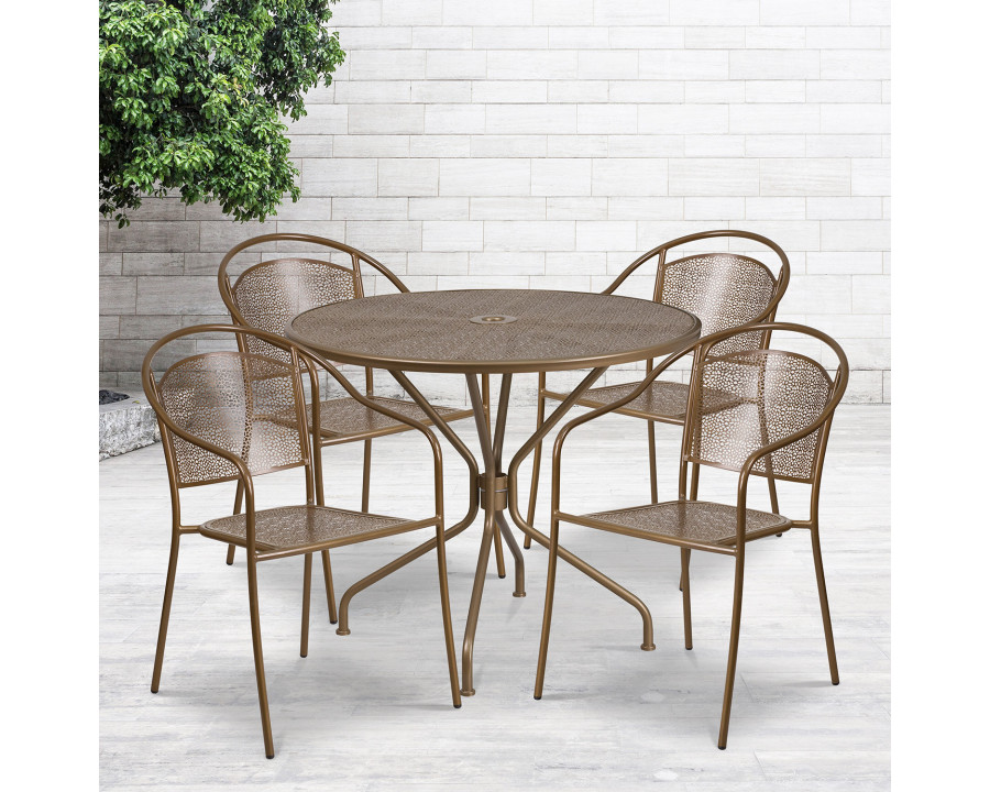 BLNK Oia Commercial Steel Indoor-Outdoor Patio Table Set with 4 Round Back Chairs - Gold, 35.25"W