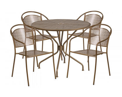 BLNK Oia Commercial Steel Indoor-Outdoor Patio Table Set with 4 Round Back Chairs - Gold, 35.25"W