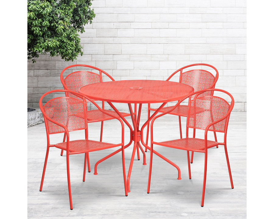 BLNK Oia Commercial Steel Indoor-Outdoor Patio Table Set with 4 Round Back Chairs - Coral, 35.25"W