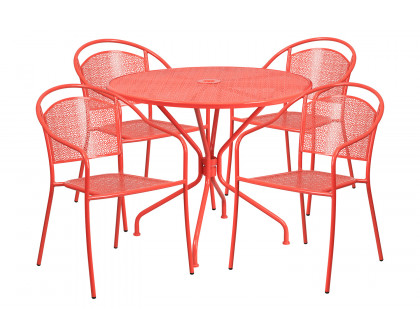 BLNK Oia Commercial Steel Indoor-Outdoor Patio Table Set with 4 Round Back Chairs - Coral, 35.25"W