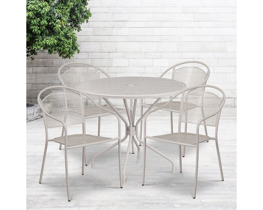 BLNK Oia Commercial Steel Indoor-Outdoor Patio Table Set with 4 Round Back Chairs - Light Gray, 35.25"W