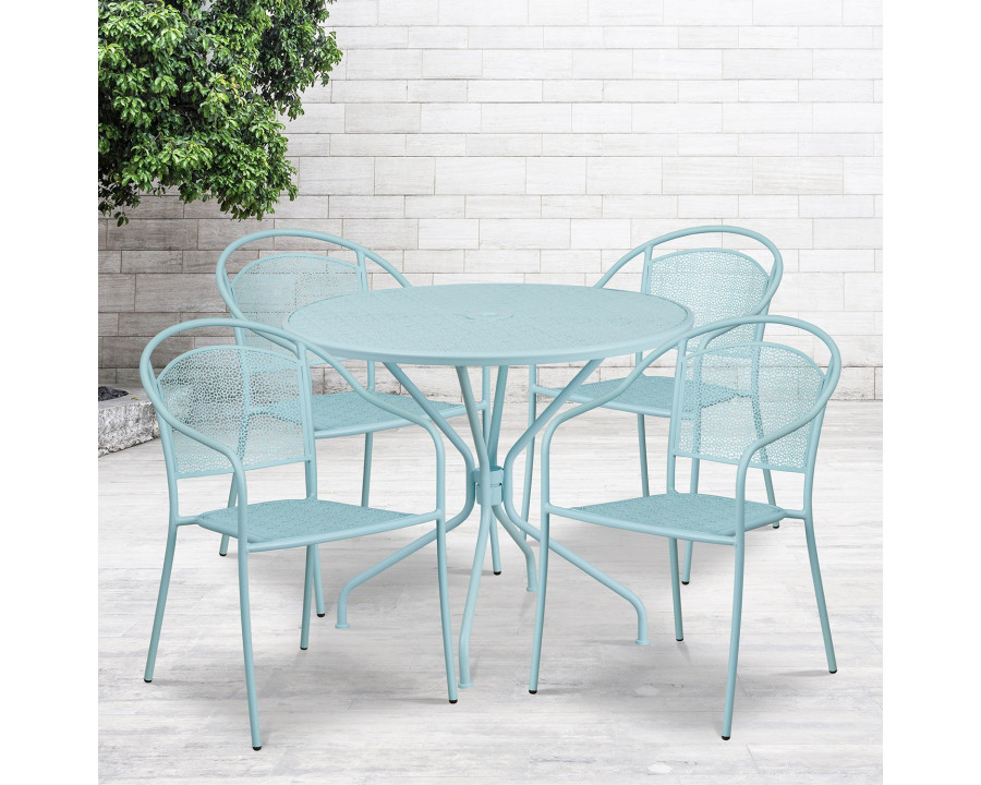 BLNK Oia Commercial Steel Indoor-Outdoor Patio Table Set with 4 Round Back Chairs - Sky Blue, 35.25"W