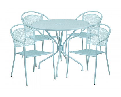 BLNK Oia Commercial Steel Indoor-Outdoor Patio Table Set with 4 Round Back Chairs - Sky Blue, 35.25"W