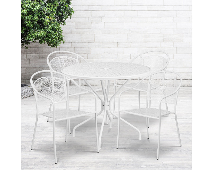 BLNK Oia Commercial Steel Indoor-Outdoor Patio Table Set with 4 Round Back Chairs - White, 35.25"W