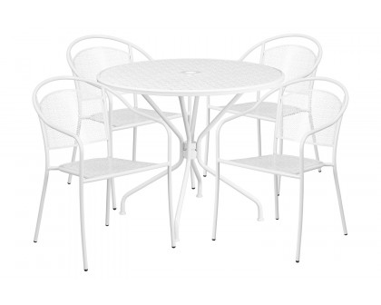 BLNK Oia Commercial Steel Indoor-Outdoor Patio Table Set with 4 Round Back Chairs - White, 35.25"W