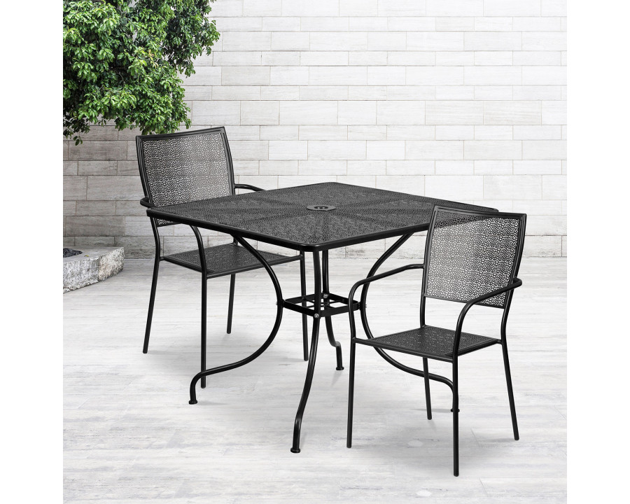 BLNK Oia Commercial Square Steel Indoor-Outdoor Patio Table Set with 2 Square Back Chairs - Black, 35.5"W