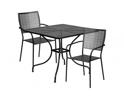 BLNK Oia Commercial Square Steel Indoor-Outdoor Patio Table Set with 2 Square Back Chairs - Black, 35.5"W