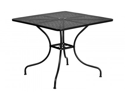 BLNK Oia Commercial Square Steel Indoor-Outdoor Patio Table Set with 2 Square Back Chairs - Black, 35.5"W