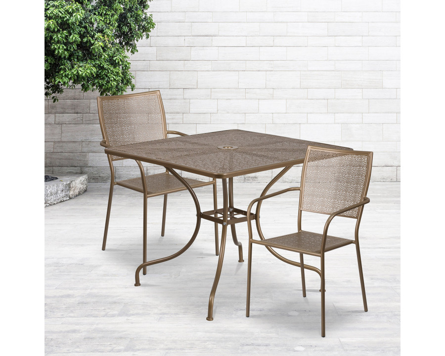 BLNK Oia Commercial Square Steel Indoor-Outdoor Patio Table Set with 2 Square Back Chairs - Gold, 35.5"W