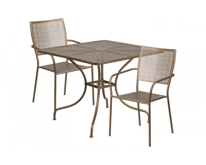 BLNK Oia Commercial Square Steel Indoor-Outdoor Patio Table Set with 2 Square Back Chairs - Gold, 35.5"W