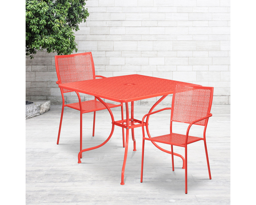 BLNK Oia Commercial Square Steel Indoor-Outdoor Patio Table Set with 2 Square Back Chairs - Coral, 35.5"W