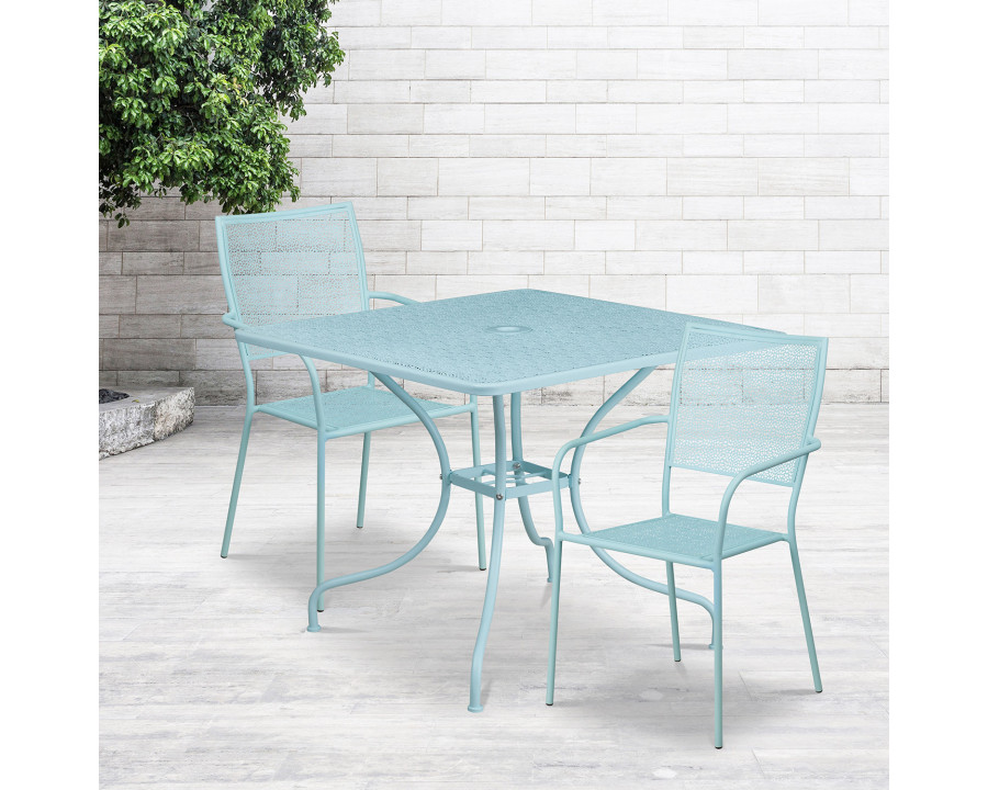 BLNK Oia Commercial Square Steel Indoor-Outdoor Patio Table Set with 2 Square Back Chairs - Sky Blue, 35.5"W