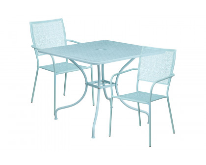 BLNK Oia Commercial Square Steel Indoor-Outdoor Patio Table Set with 2 Square Back Chairs - Sky Blue, 35.5"W