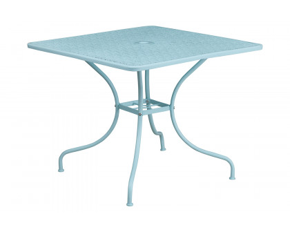 BLNK Oia Commercial Square Steel Indoor-Outdoor Patio Table Set with 2 Square Back Chairs - Sky Blue, 35.5"W