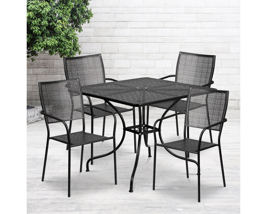 BLNK Oia Commercial Square Steel Indoor-Outdoor Patio Table Set with 4 Square Back Chairs - Black, 35.5"W