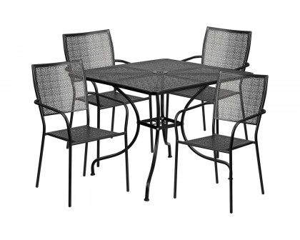 BLNK Oia Commercial Square Steel Indoor-Outdoor Patio Table Set with 4 Square Back Chairs - Black, 35.5"W