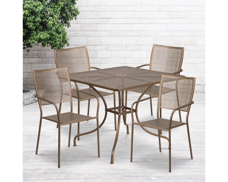 BLNK Oia Commercial Square Steel Indoor-Outdoor Patio Table Set with 4 Square Back Chairs - Gold, 35.5"W