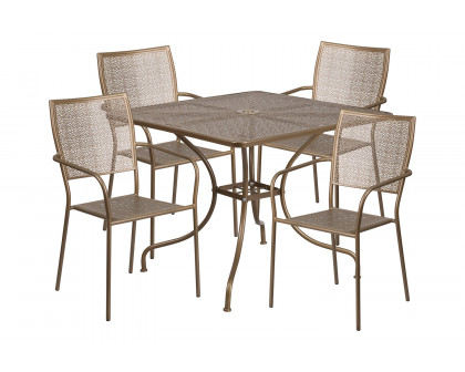 BLNK Oia Commercial Square Steel Indoor-Outdoor Patio Table Set with 4 Square Back Chairs - Gold, 35.5"W