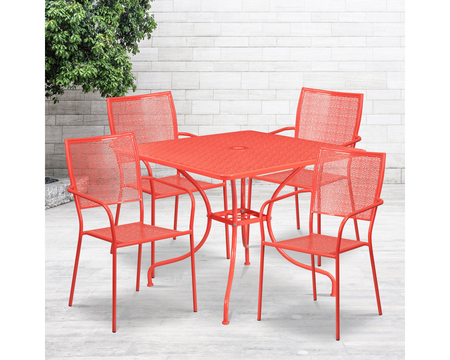 BLNK Oia Commercial Square Steel Indoor-Outdoor Patio Table Set with 4 Square Back Chairs - Coral, 35.5"W