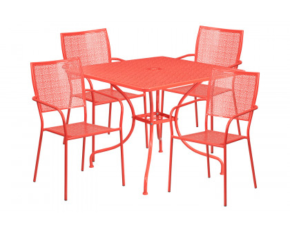 BLNK Oia Commercial Square Steel Indoor-Outdoor Patio Table Set with 4 Square Back Chairs - Coral, 35.5"W