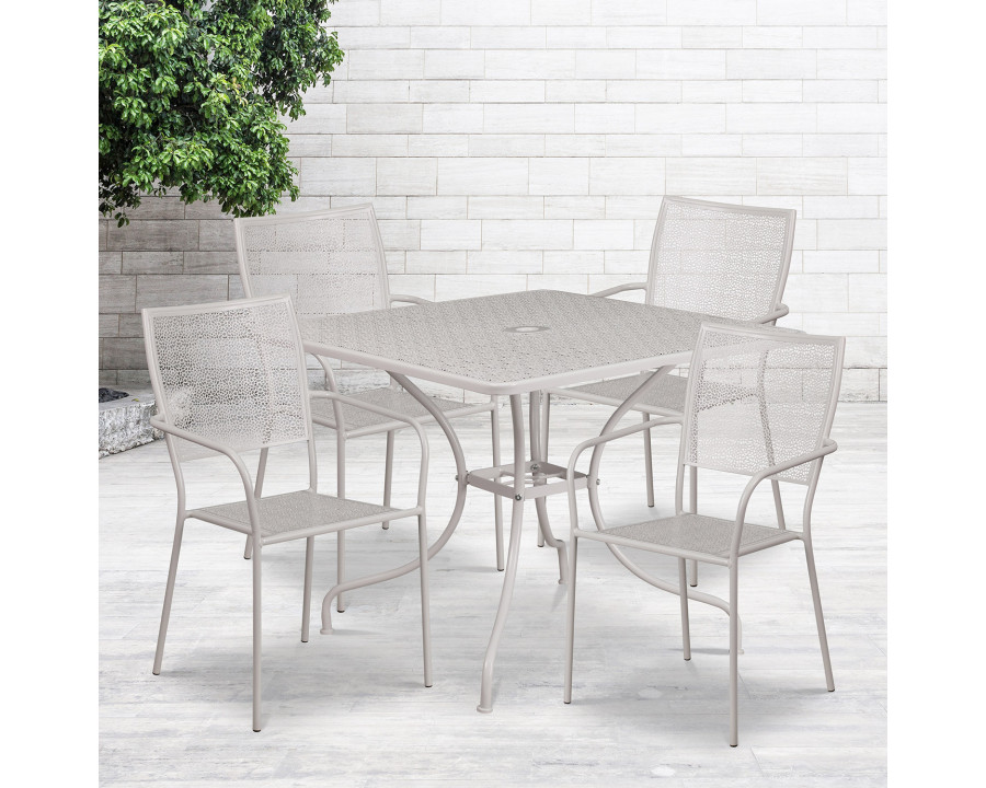 BLNK Oia Commercial Square Steel Indoor-Outdoor Patio Table Set with 4 Square Back Chairs - Light Gray, 35.5"W