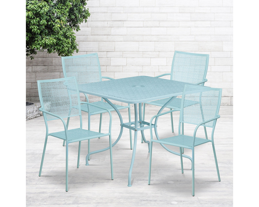 BLNK Oia Commercial Square Steel Indoor-Outdoor Patio Table Set with 4 Square Back Chairs - Sky Blue, 35.5"W