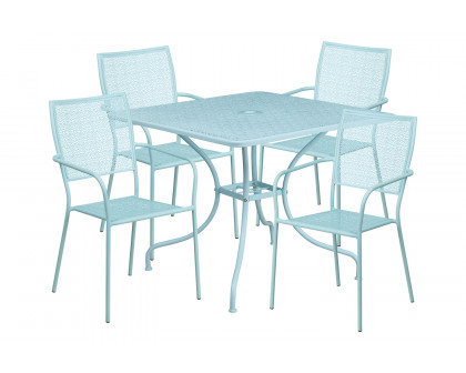 BLNK Oia Commercial Square Steel Indoor-Outdoor Patio Table Set with 4 Square Back Chairs - Sky Blue, 35.5"W