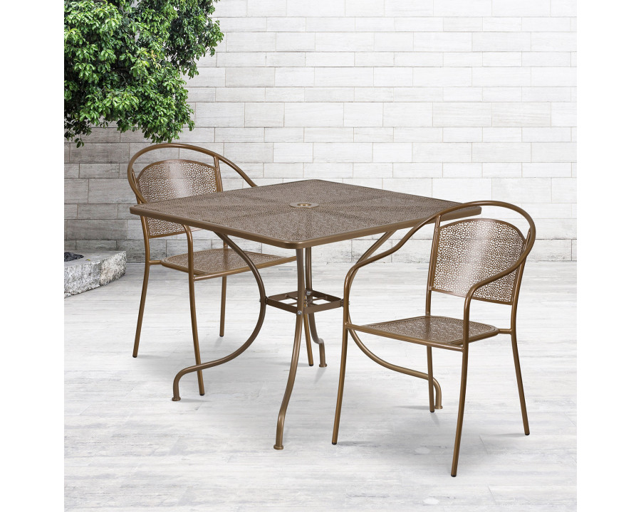 BLNK Oia Commercial Steel Indoor-Outdoor Patio Table Set with 2 Round Back Chairs - Gold, 35.5"W