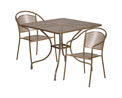 BLNK Oia Commercial Steel Indoor-Outdoor Patio Table Set with 2 Round Back Chairs - Gold, 35.5"W