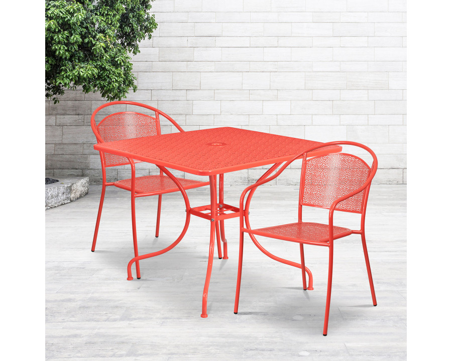 BLNK Oia Commercial Steel Indoor-Outdoor Patio Table Set with 2 Round Back Chairs - Coral, 35.5"W