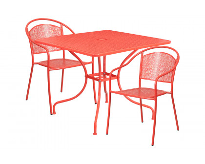 BLNK Oia Commercial Steel Indoor-Outdoor Patio Table Set with 2 Round Back Chairs - Coral, 35.5"W