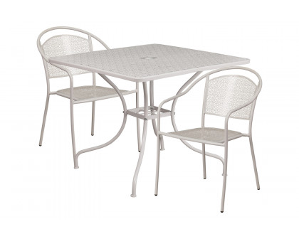 BLNK Oia Commercial Steel Indoor-Outdoor Patio Table Set with 2 Round Back Chairs - Light Gray, 35.5"W